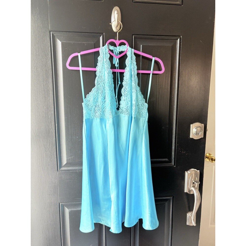 VTG Frederick’s of Hollywood Blue Satin Lace Dress Lingerie Size L Sexy Backless - Picture 4 of 11